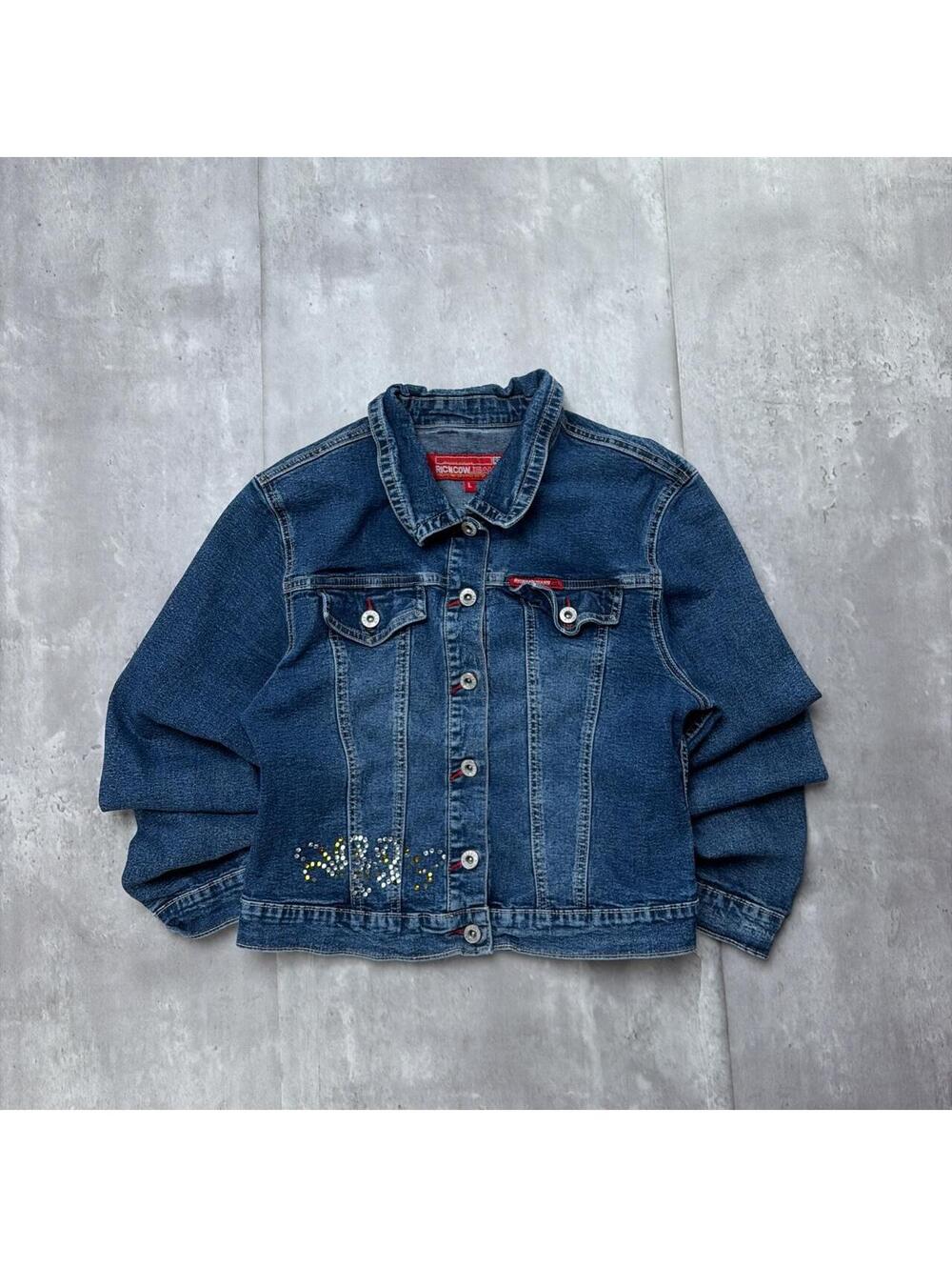 Y2K Blue Richcow Grunge Denim Heart Embellished Trucker Jacket